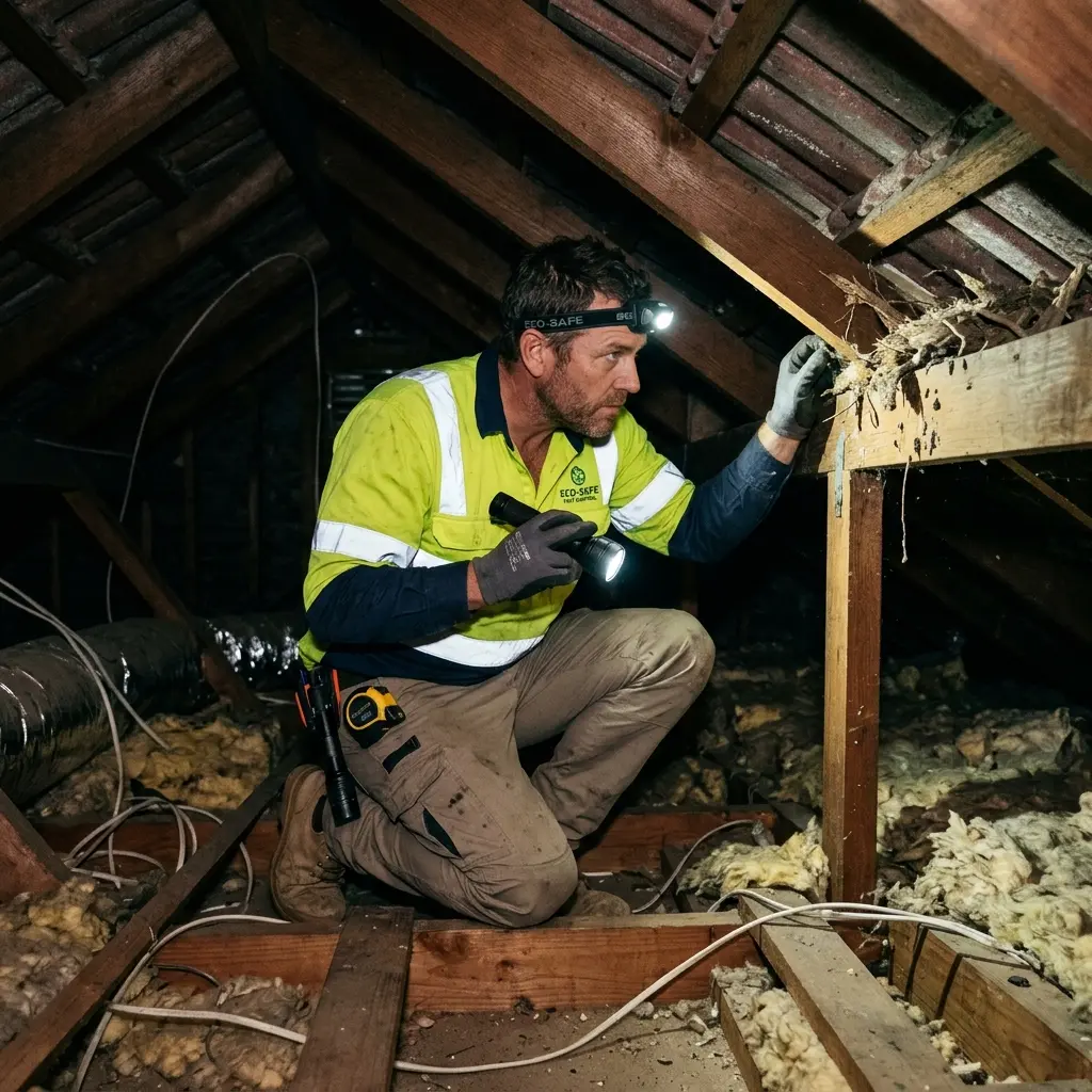 Technician inspecting a roof cavity for a dead animal in Truganina